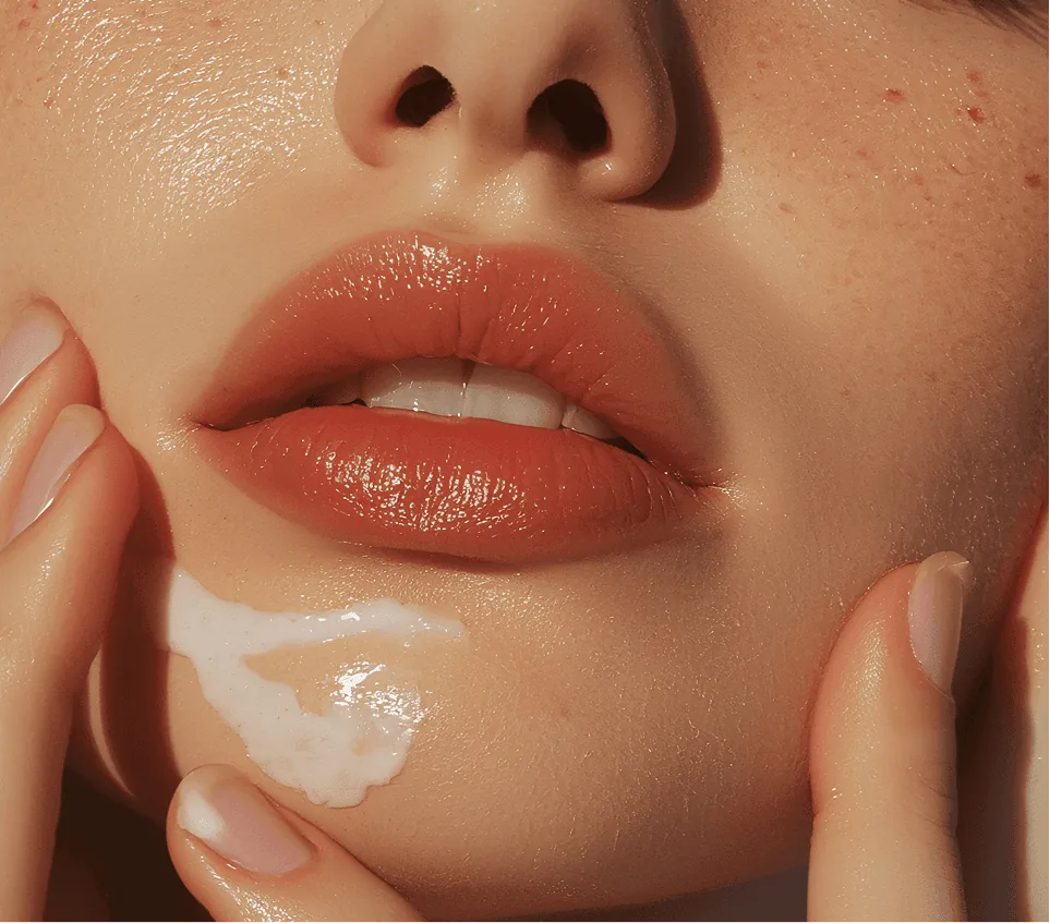 Imagem ilustrativa do artigo “Preenchimento labial em Curitiba: o que saber antes de fazer”. Close dos lábios com um toque de creme hidratante no queixo.