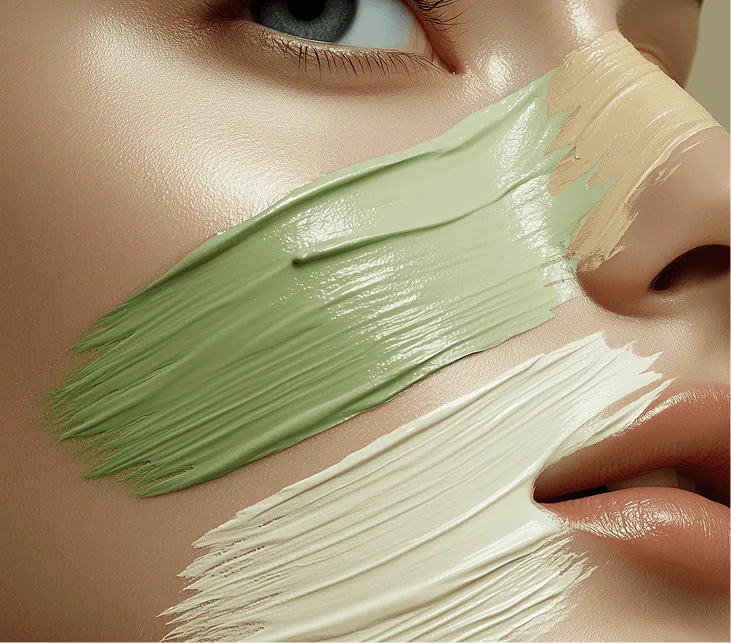 Imagem ilustrativa: peeling químico em Curitiba, com a Dra. Vanessa Soares, dermatologista. Faixas de máscara verde e creme aplicadas no rosto.
