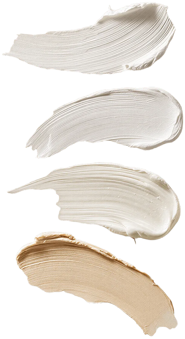 Imagem ilustrativa do artigo “Dermatologista ou clínica de estética: o que muda no procedimento”. Três texturas de creme, do branco ao bege, em pinceladas.